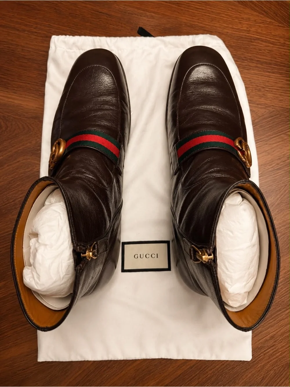 Gucci Brown Leather Men’s Ankle Chukka Boots with Green-Red Web & Gold Double G.